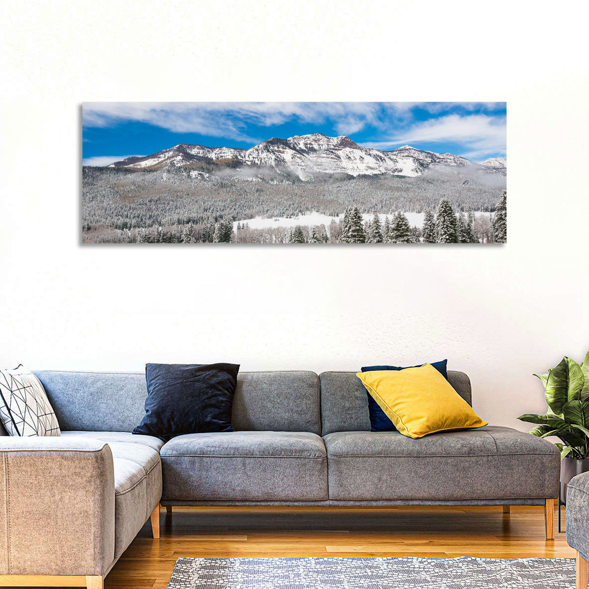 Colorado Snowy Mountain Cabin Wall Art in a room, panoramic