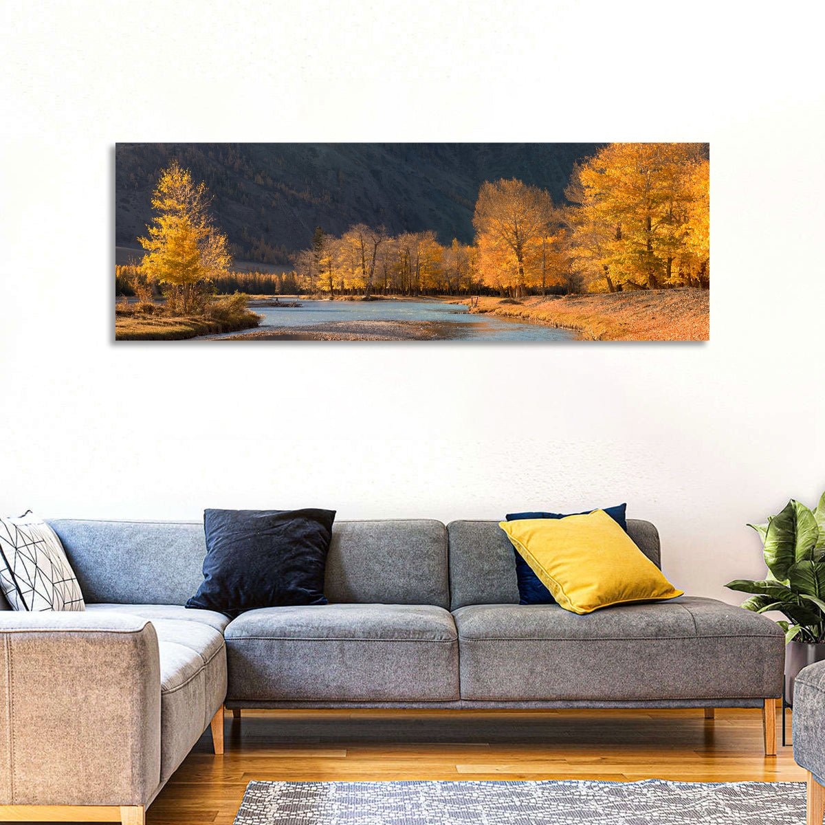 Autumn River Through Golden Forest Wall Art in a room, panoramic