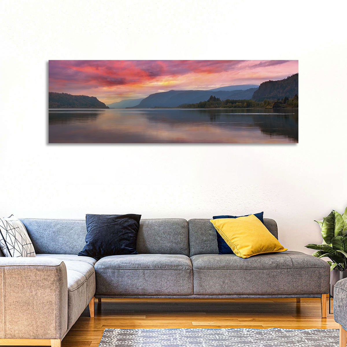 Sunrise Over River Gorge Wall Art in a room, panoramic