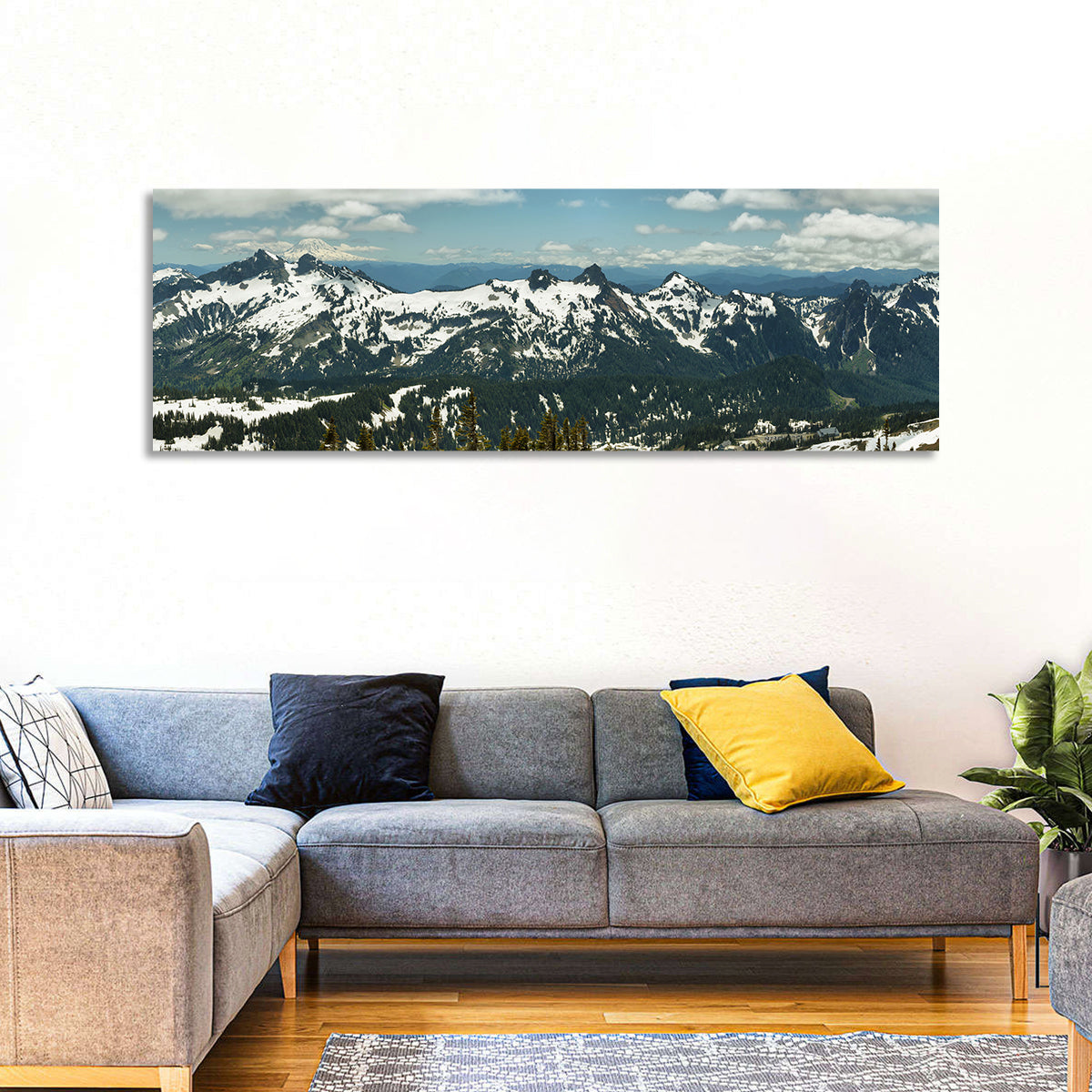 Mount Adams Snow Peaks Wall Art in a room, panoramic