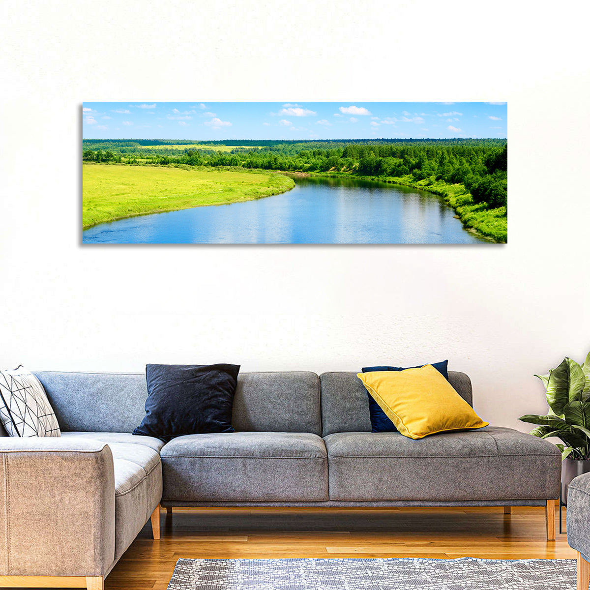 Blue River Meadow Wall Art in a room, panoramic