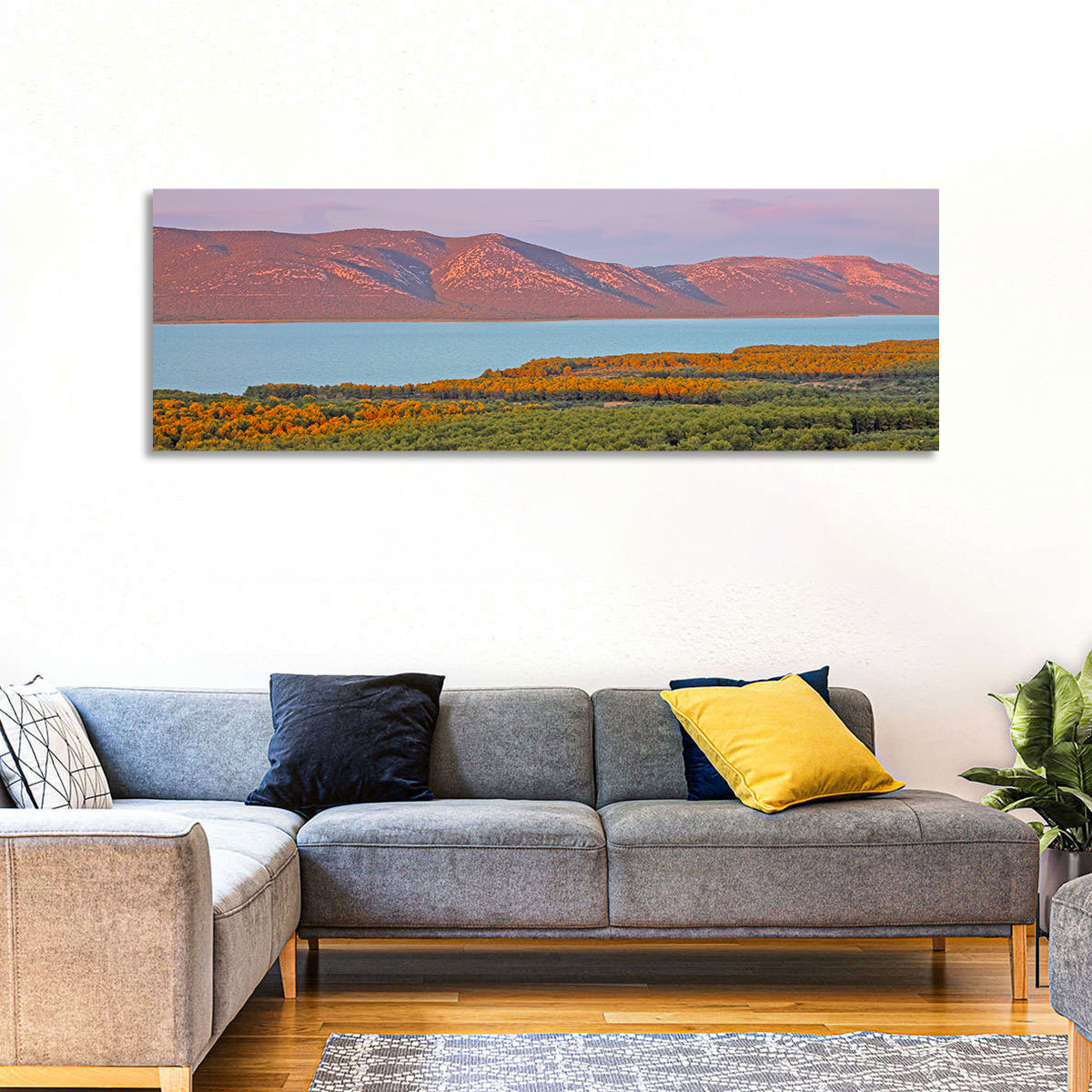 Lake Vrana Golden Hour Wall Art in a room, panoramic