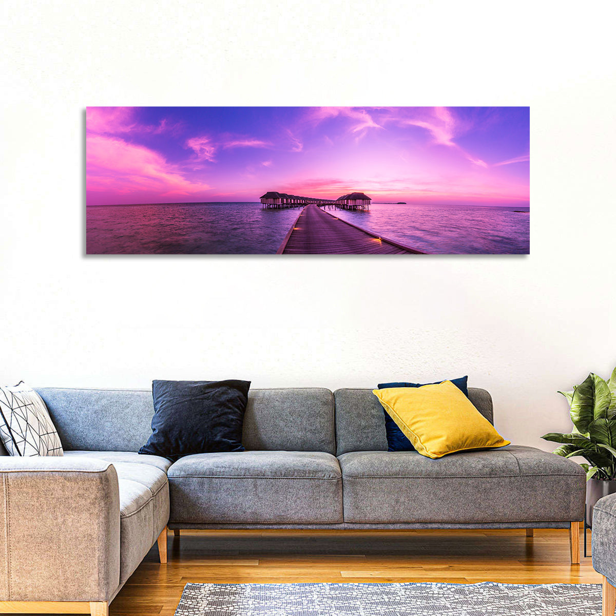 Sunset Pier Overwater Bungalows Wall Art in a room, panoramic