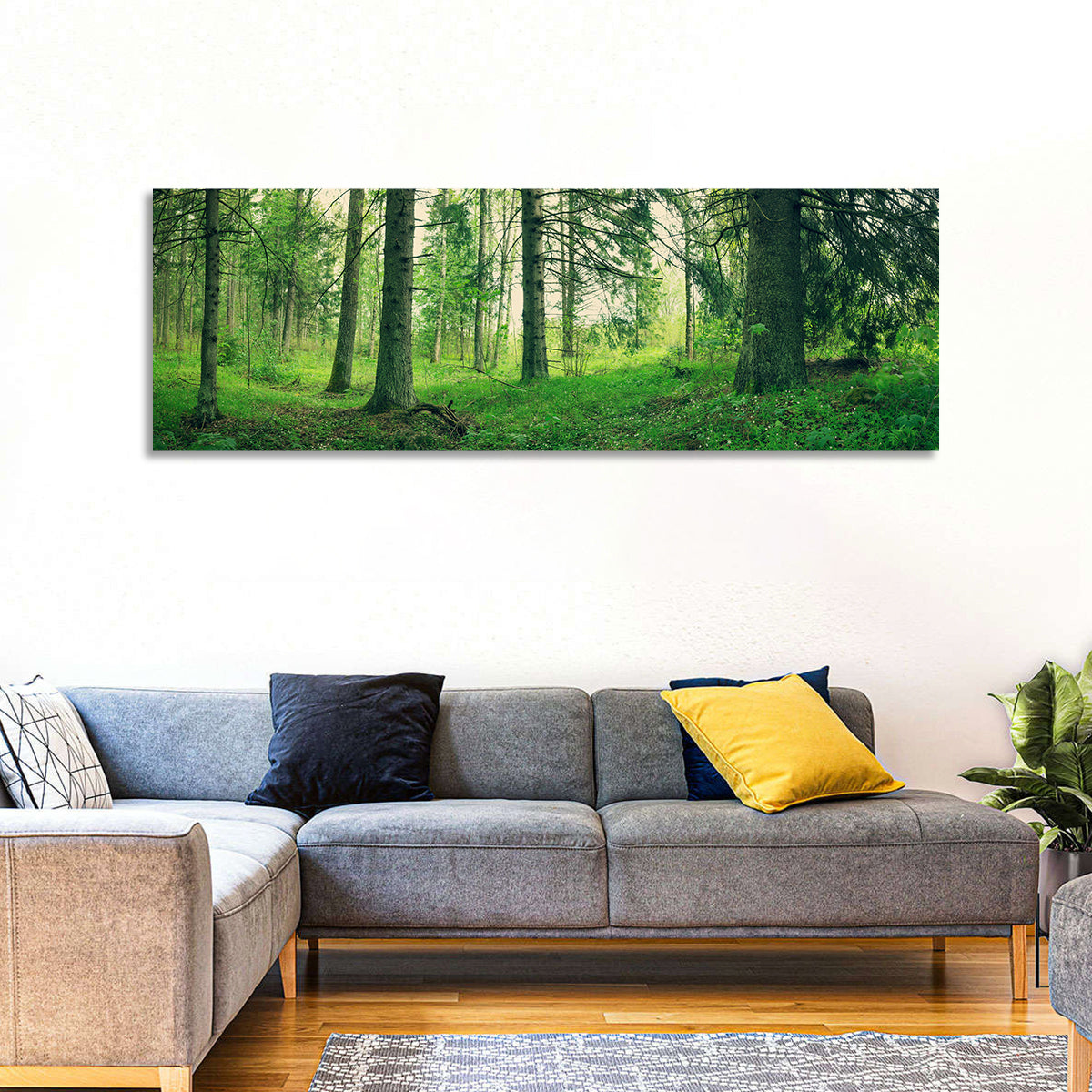 Verdant Forest Interior Wall Art in a room, panoramic