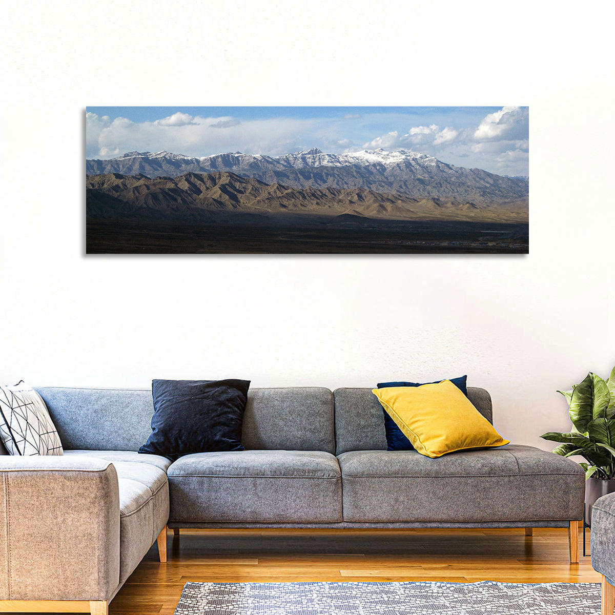 Snow-capped Afghan Mountains Wall Art in a room, panoramic