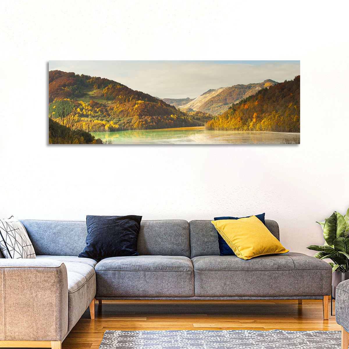 Bright Green Tailings Lake Wall Art in a room, panoramic