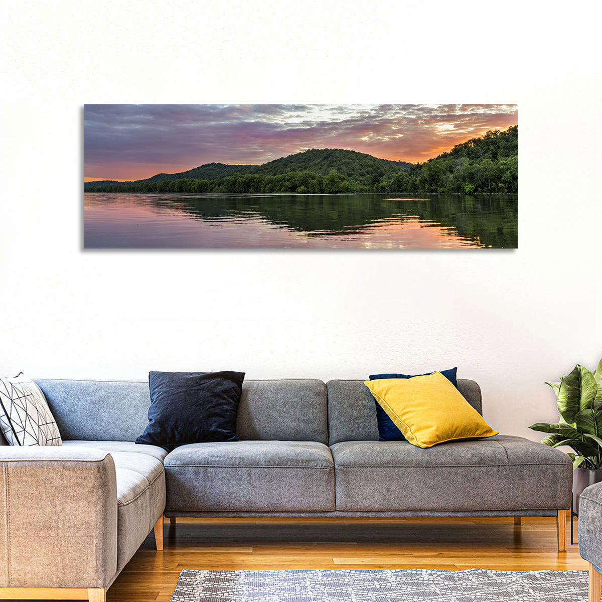 Ohio River Paden City at Dusk Wall Art in a room, panoramic