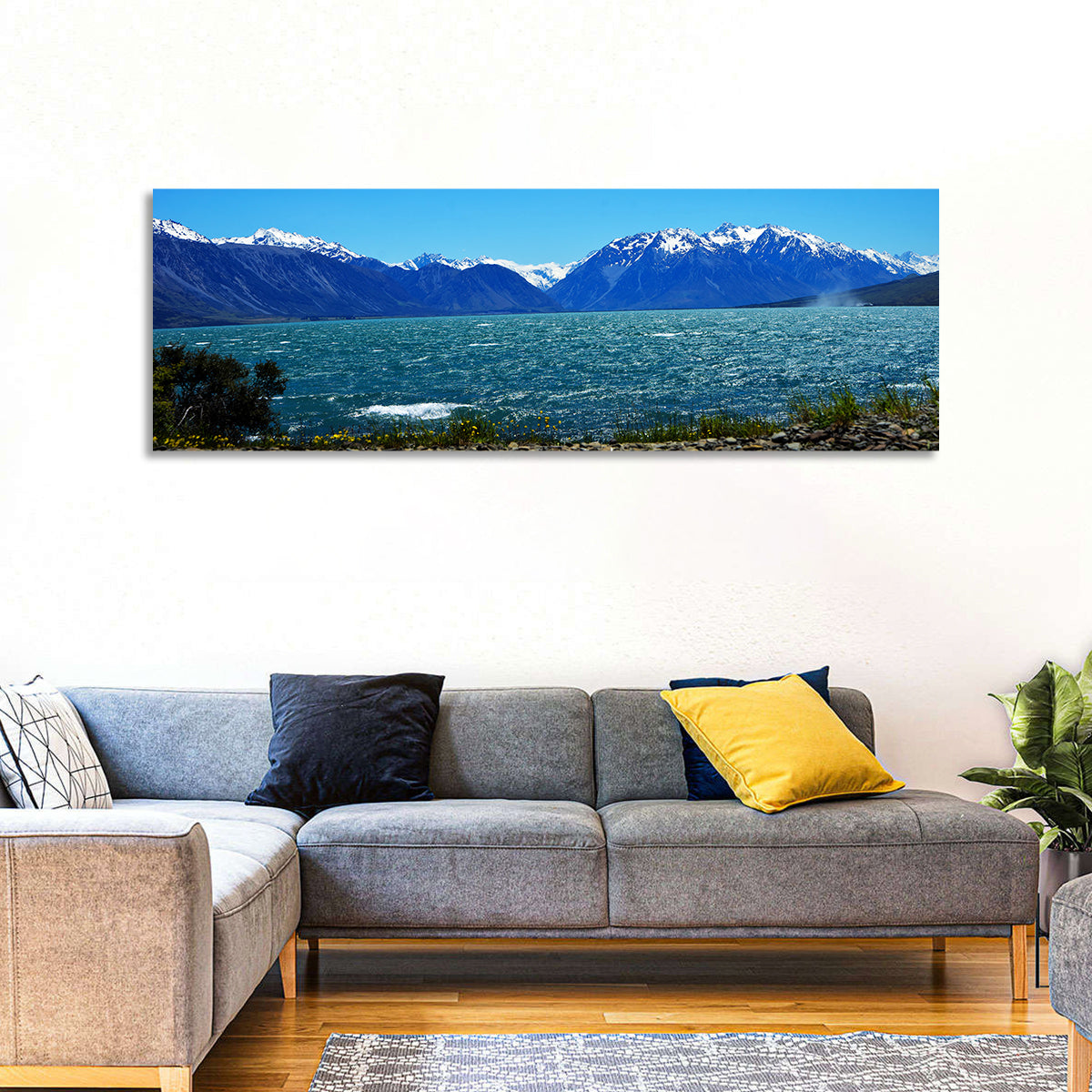 Lake Ohau Snow Peaks Wall Art in a room, panoramic