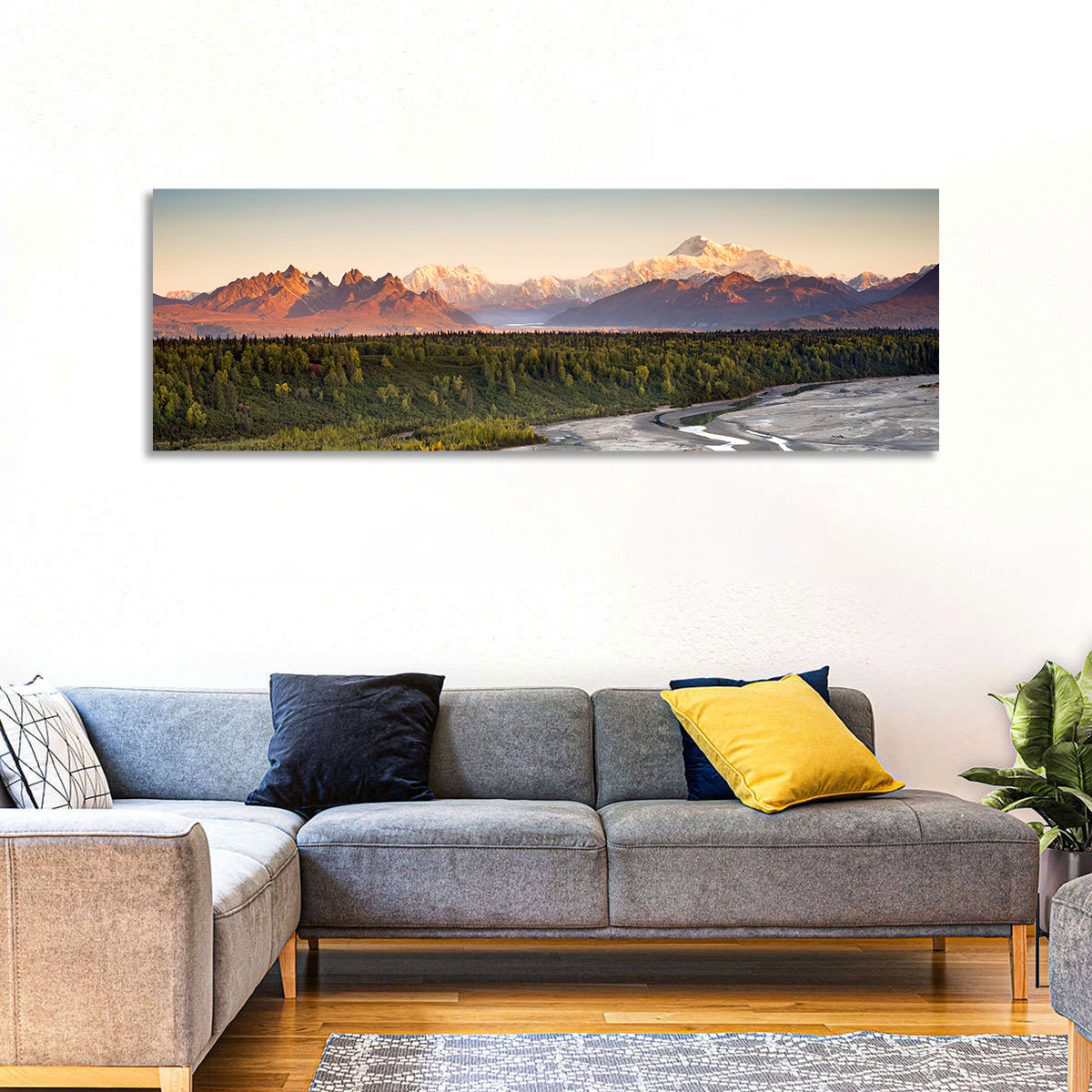 Denali Sunrise Over Boreal Forest Wall Art in a room, panoramic