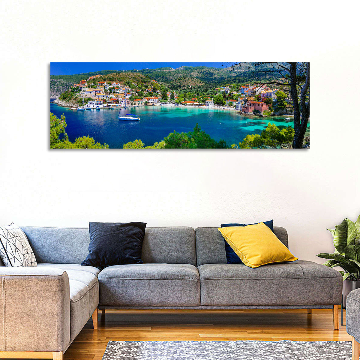 Assos Village Harbor View Wall Art in a room, panoramic