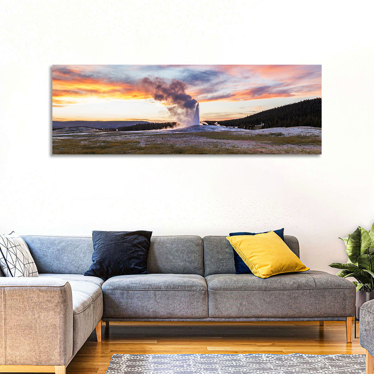 Old Faithful Erupting at Sunset Wall Art in a room, panoramic