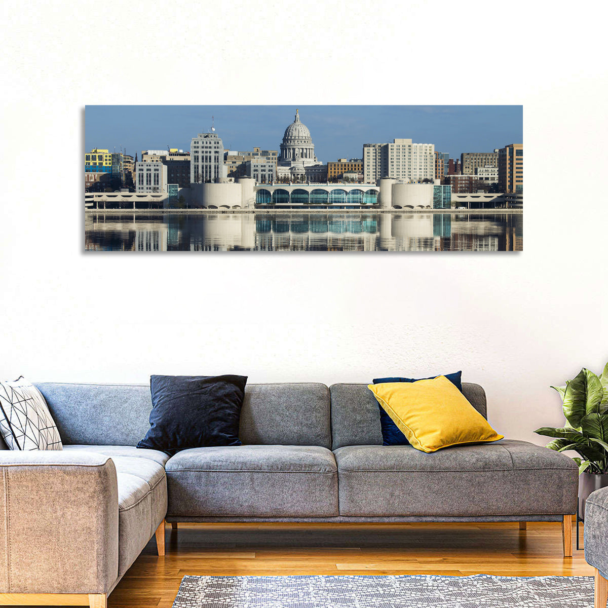 Madison Lake Monona Skyline Wall Art in a room, panoramic