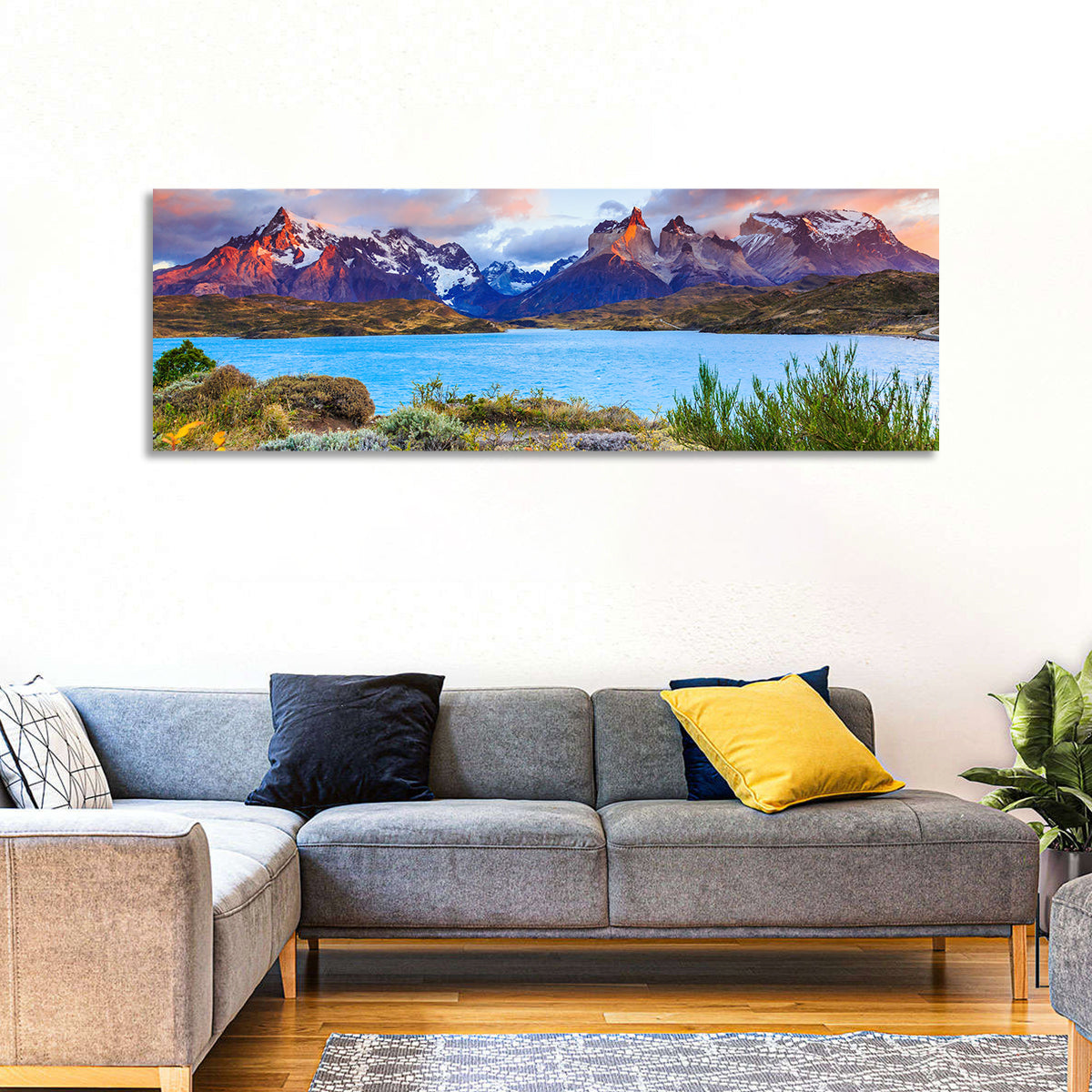 Lake Pehoe at Dawn Wall Art in a room, panoramic