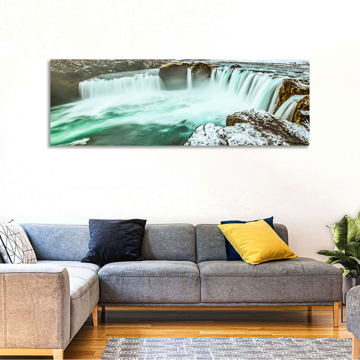 Goðafoss Winter Waterfall Wall Art in a room, panoramic