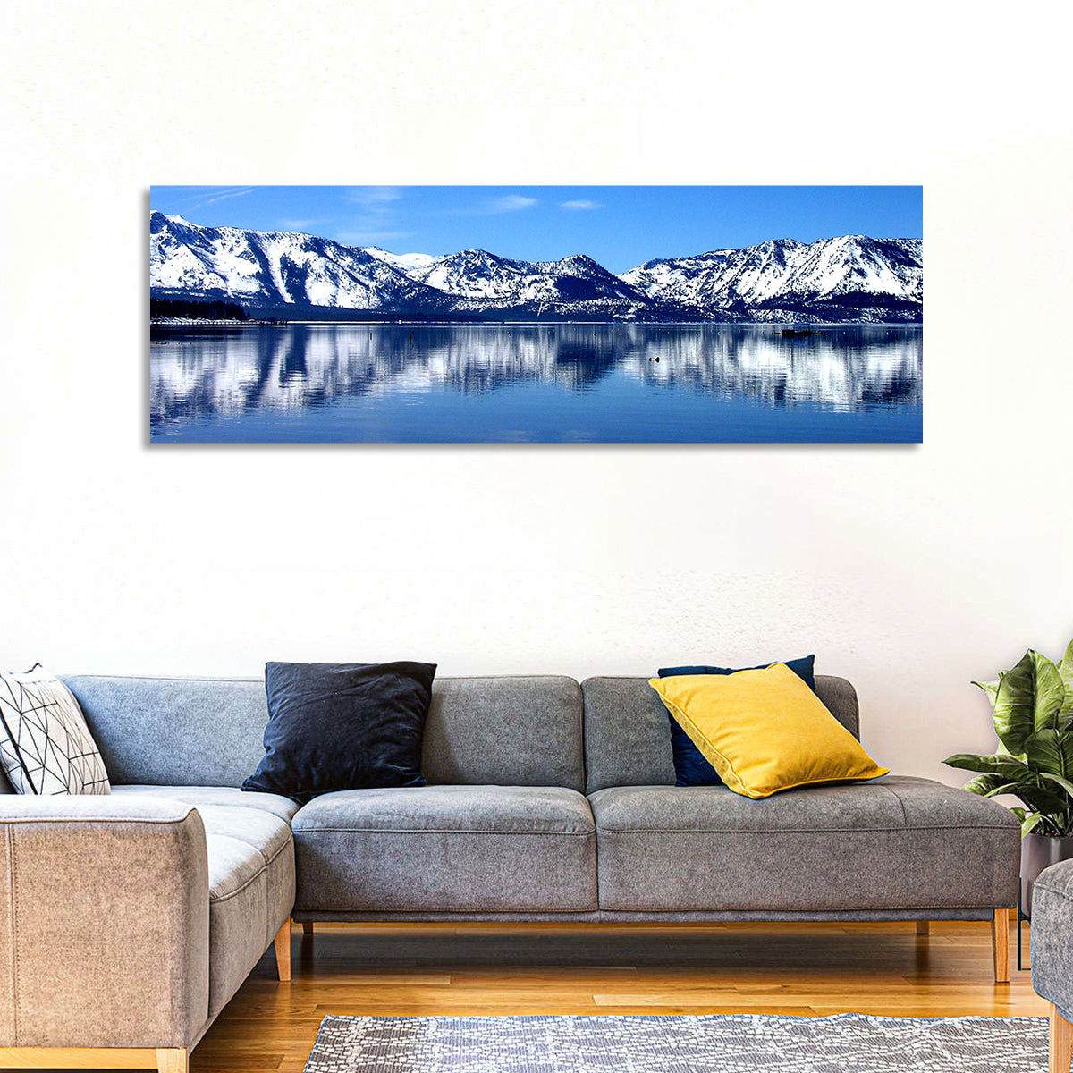 Lake Tahoe Mountain Reflection Wall Art in a room, panoramic