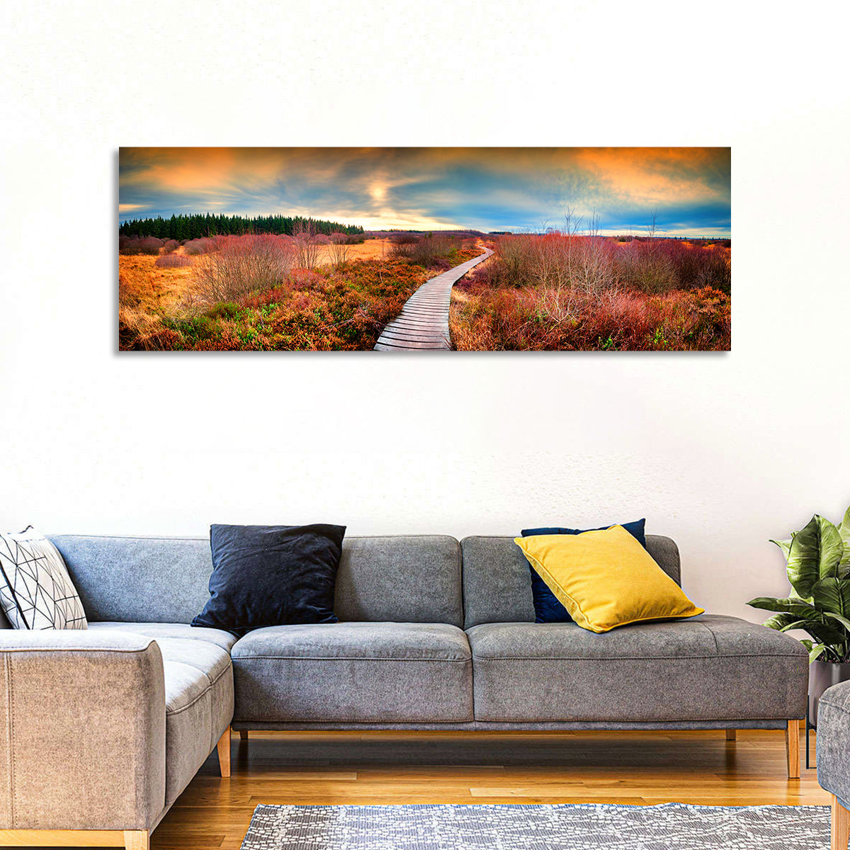 Autumn Heathland Boardwalk Wall Art in a room, panoramic
