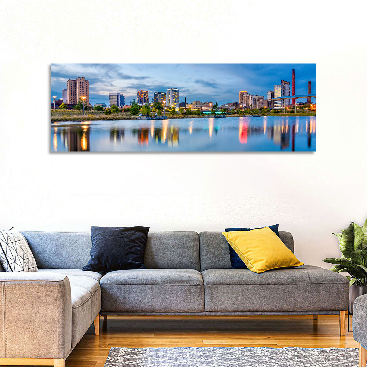 Birmingham Railroad Park Skyline Wall Art in a room, panoramic