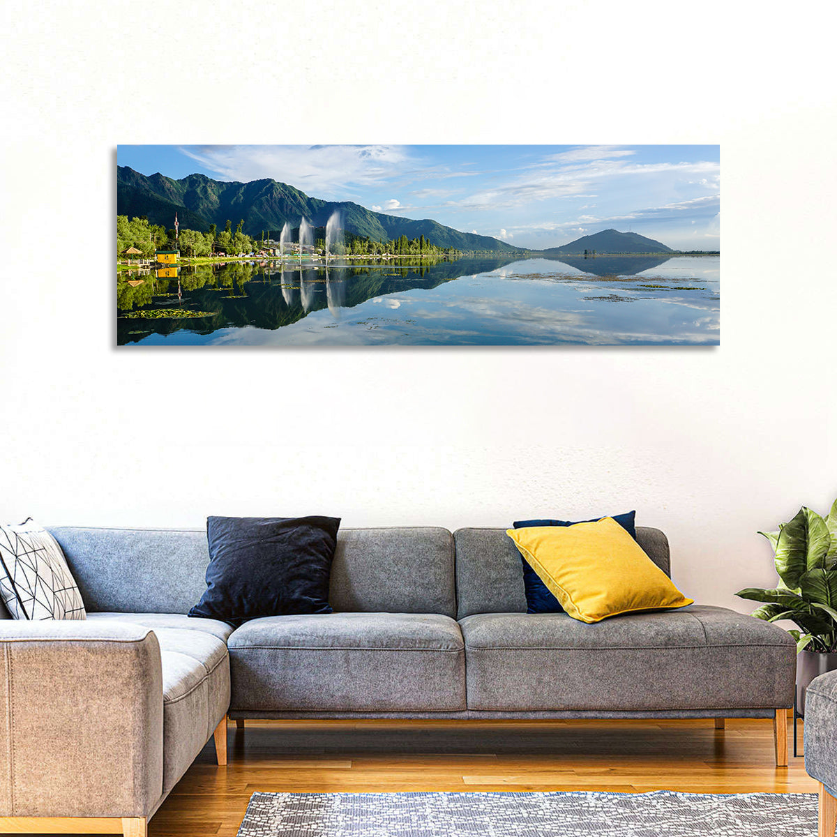 Dal Lake Reflections, Srinagar Wall Art in a room, panoramic