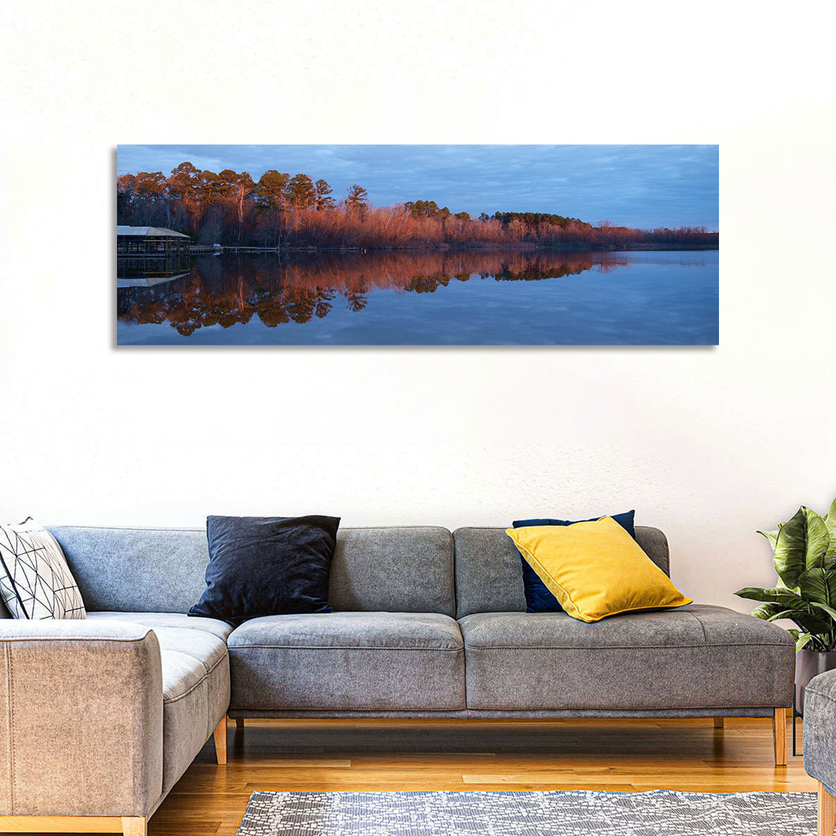 Lake Livingston Pier at Golden Hour Wall Art in a room, panoramic