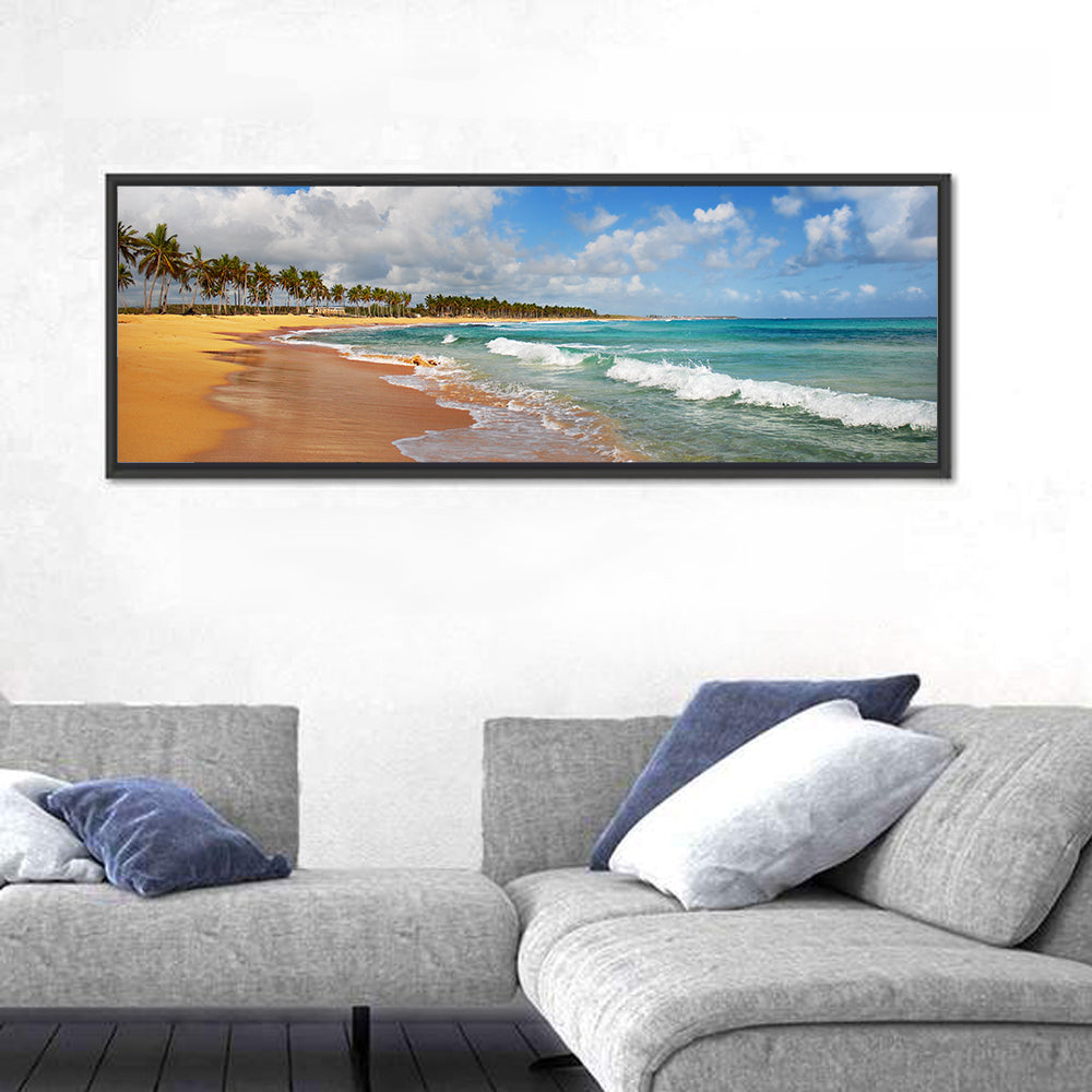 Palm Lined Tropical Coast Wall Art in a room, panoramic