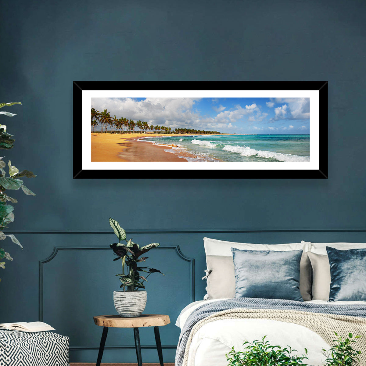 Palm Lined Tropical Coast Wall Art in a room, panoramic