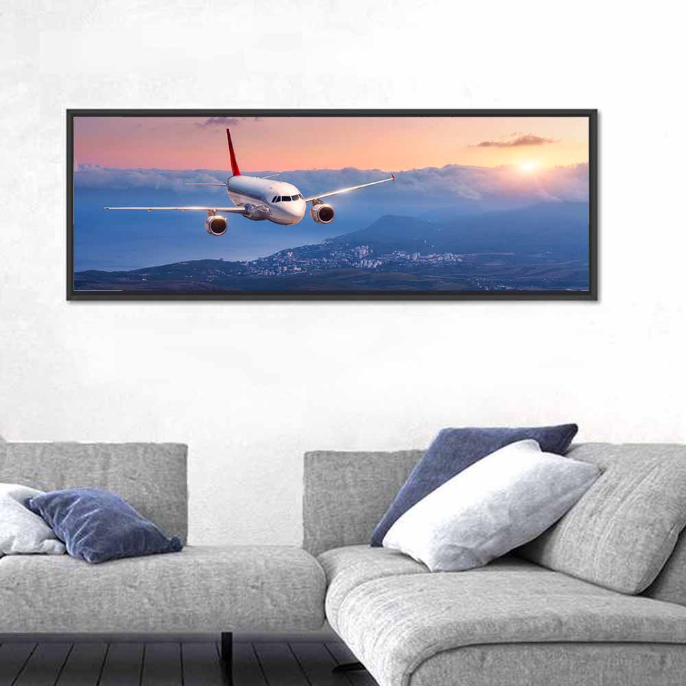 Passenger Jet at Sunset Wall Art in a room, panoramic