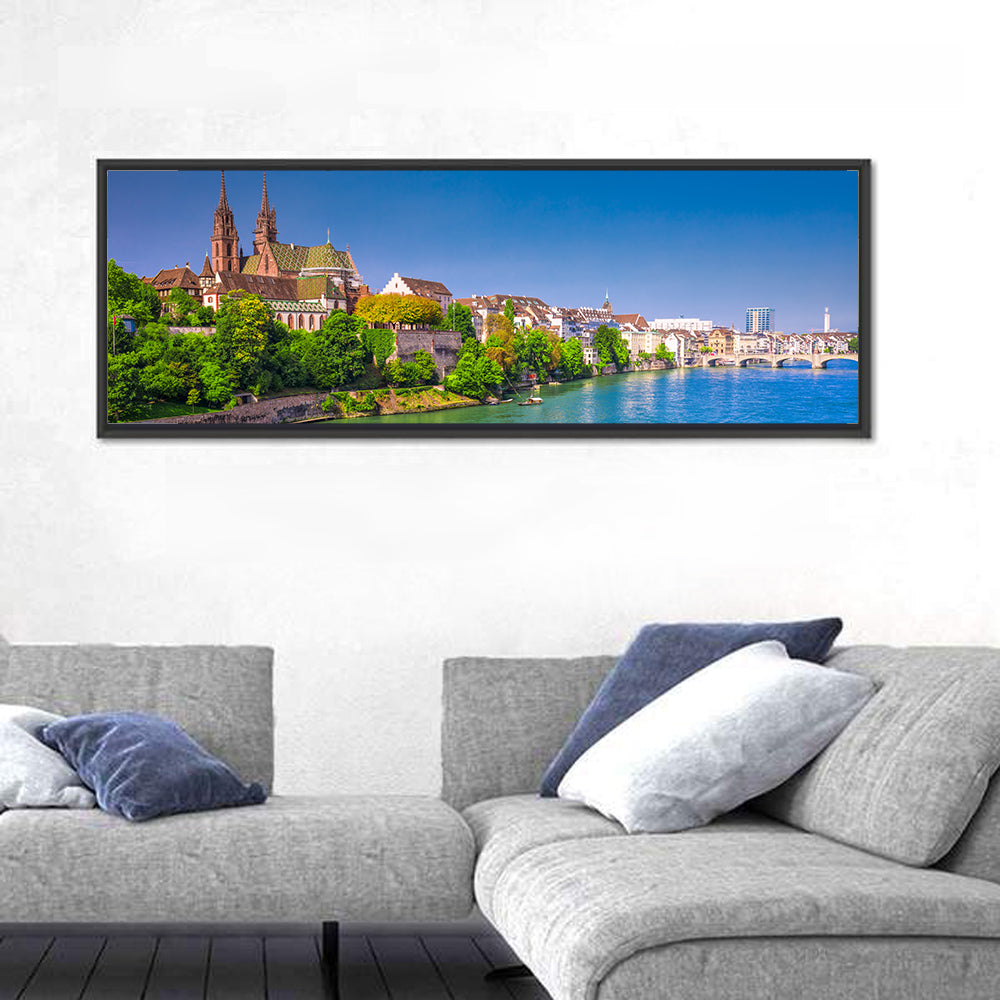Basel Old City Riverside Wall Art in a room, panoramic