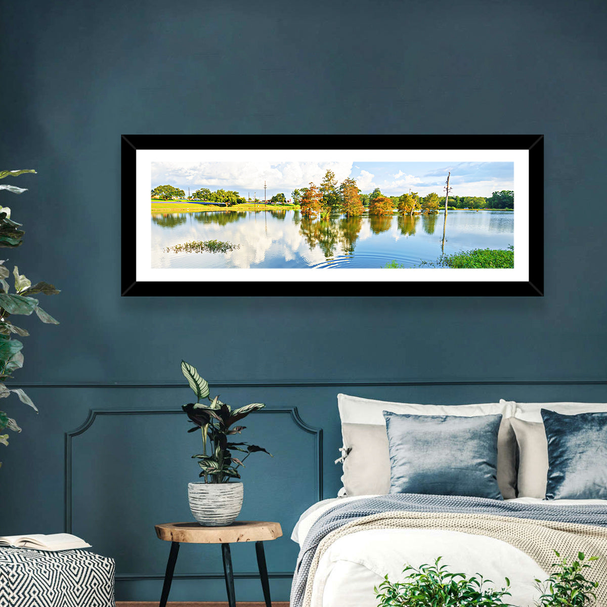 Lafayette Bayou Reflection Wall Art in a room, panoramic