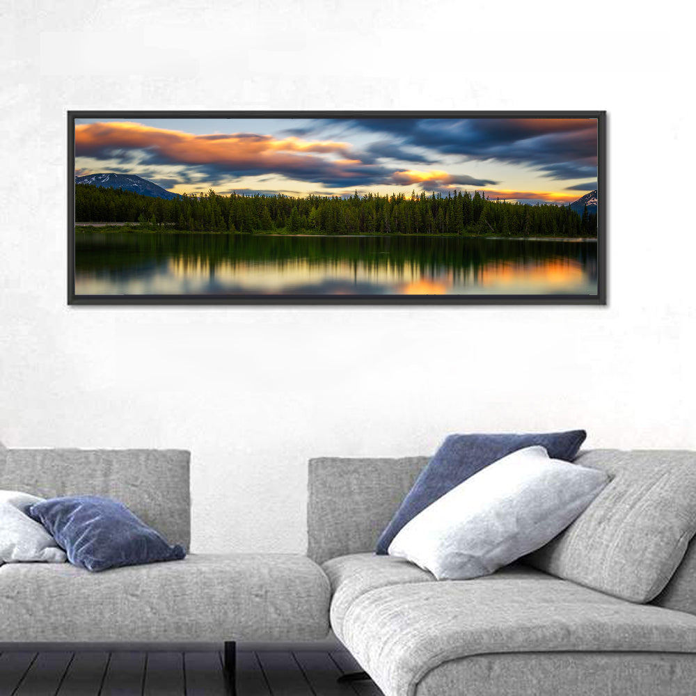 Herbert Lake Sunset Reflection Wall Art in a room, panoramic
