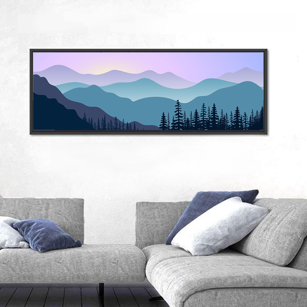 Purple Dawn Mountain Range Wall Art in a room, panoramic