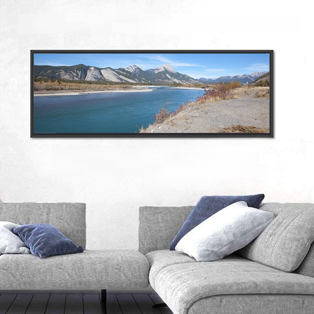 Mount Aeolus Over Athabasca Riverbank Wall Art in a room, panoramic