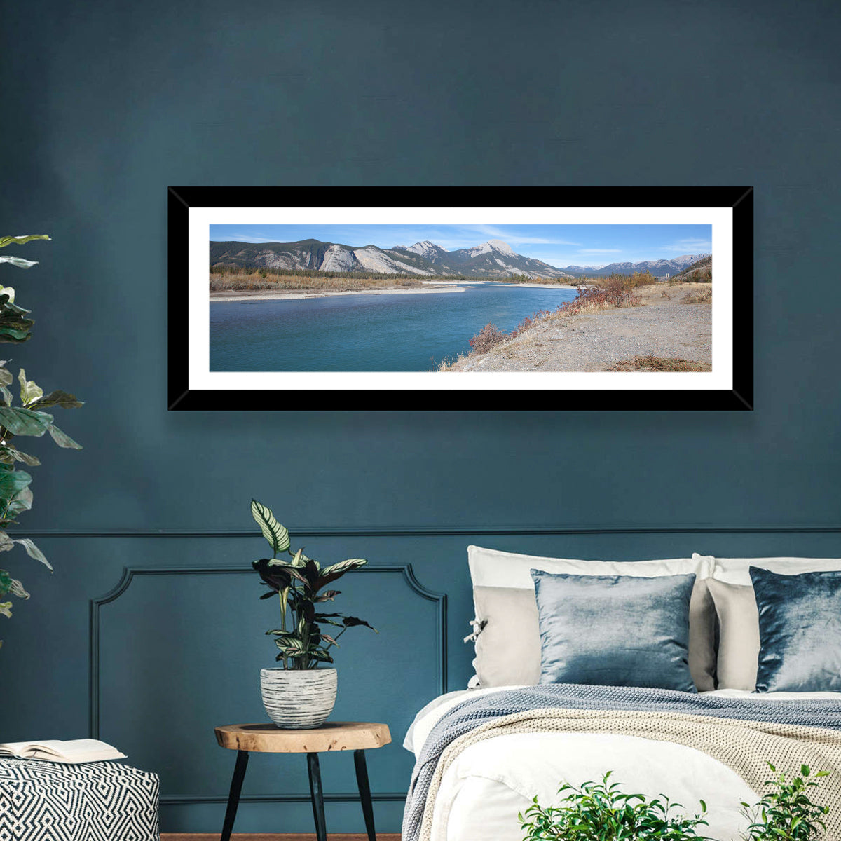 Mount Aeolus Over Athabasca Riverbank Wall Art in a room, panoramic