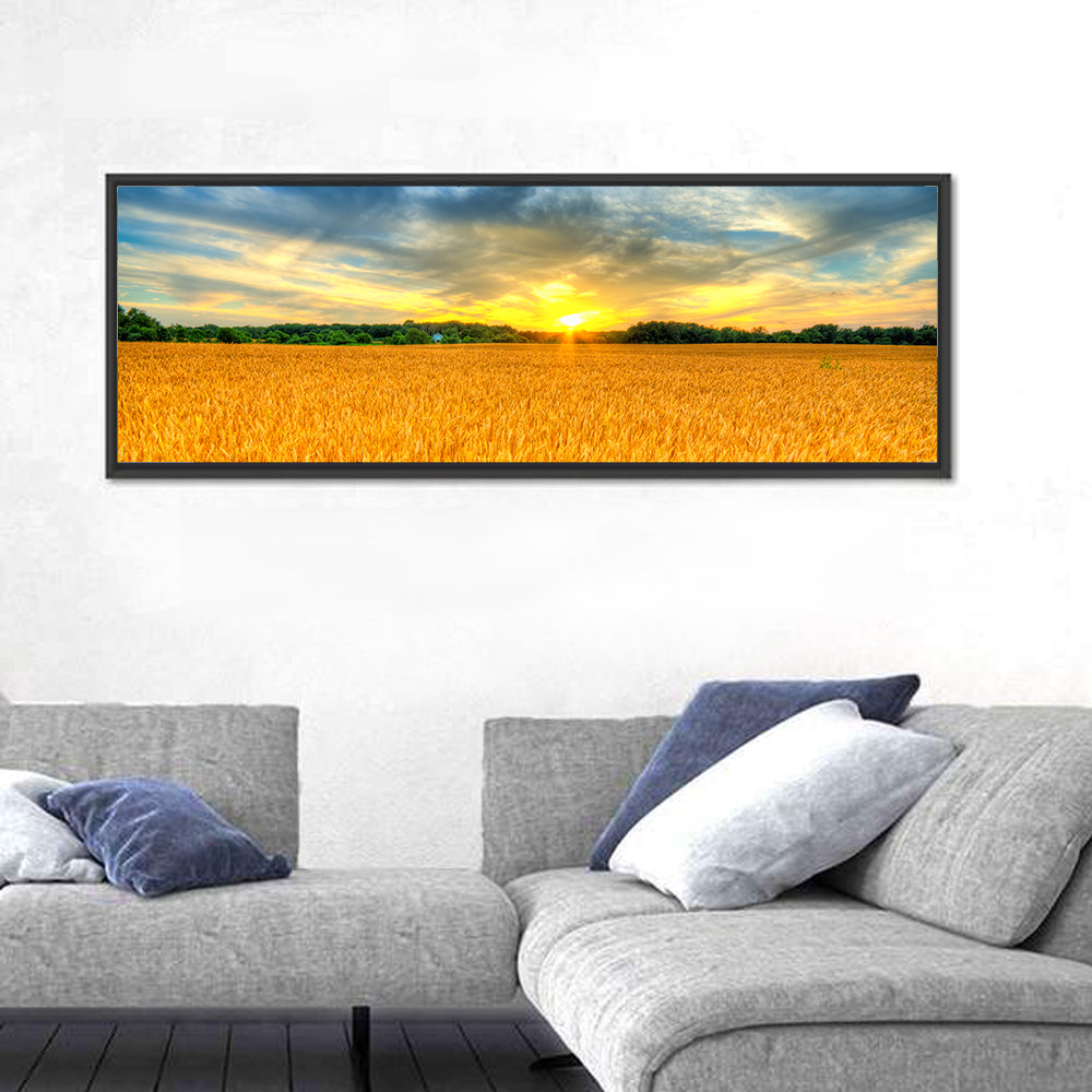 Wheat Field Sunset Wall Art in a room, panoramic