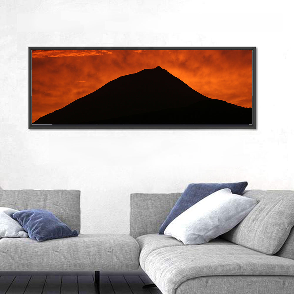 Pico Island Volcano Silhouette at Sunset Wall Art in a room, panoramic
