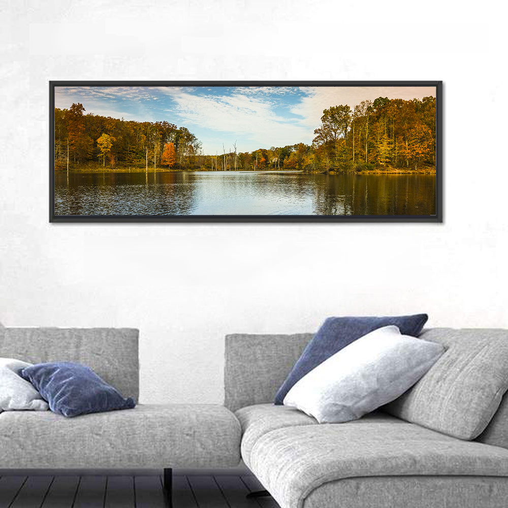 Seneca Lake Autumn Reflection Wall Art in a room, panoramic