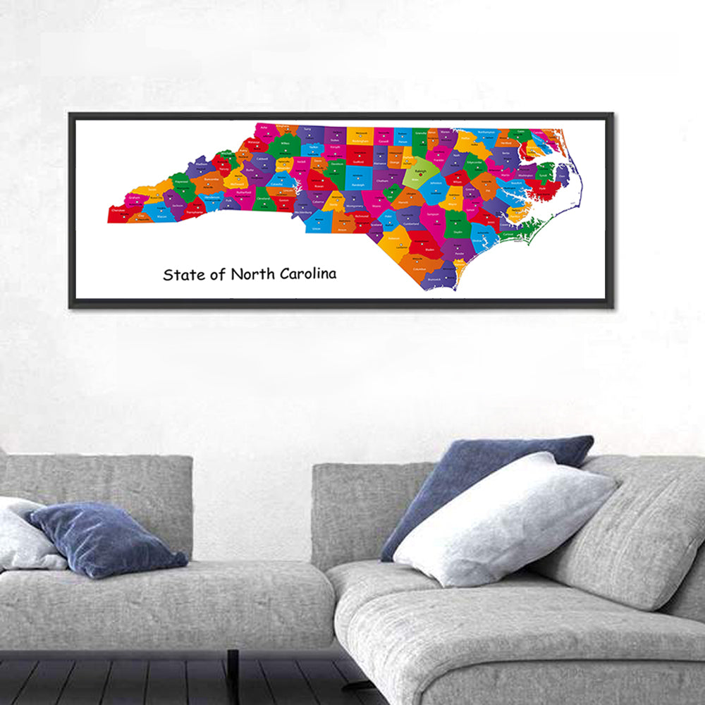 Colorful North Carolina Map Wall Art in a room, panoramic