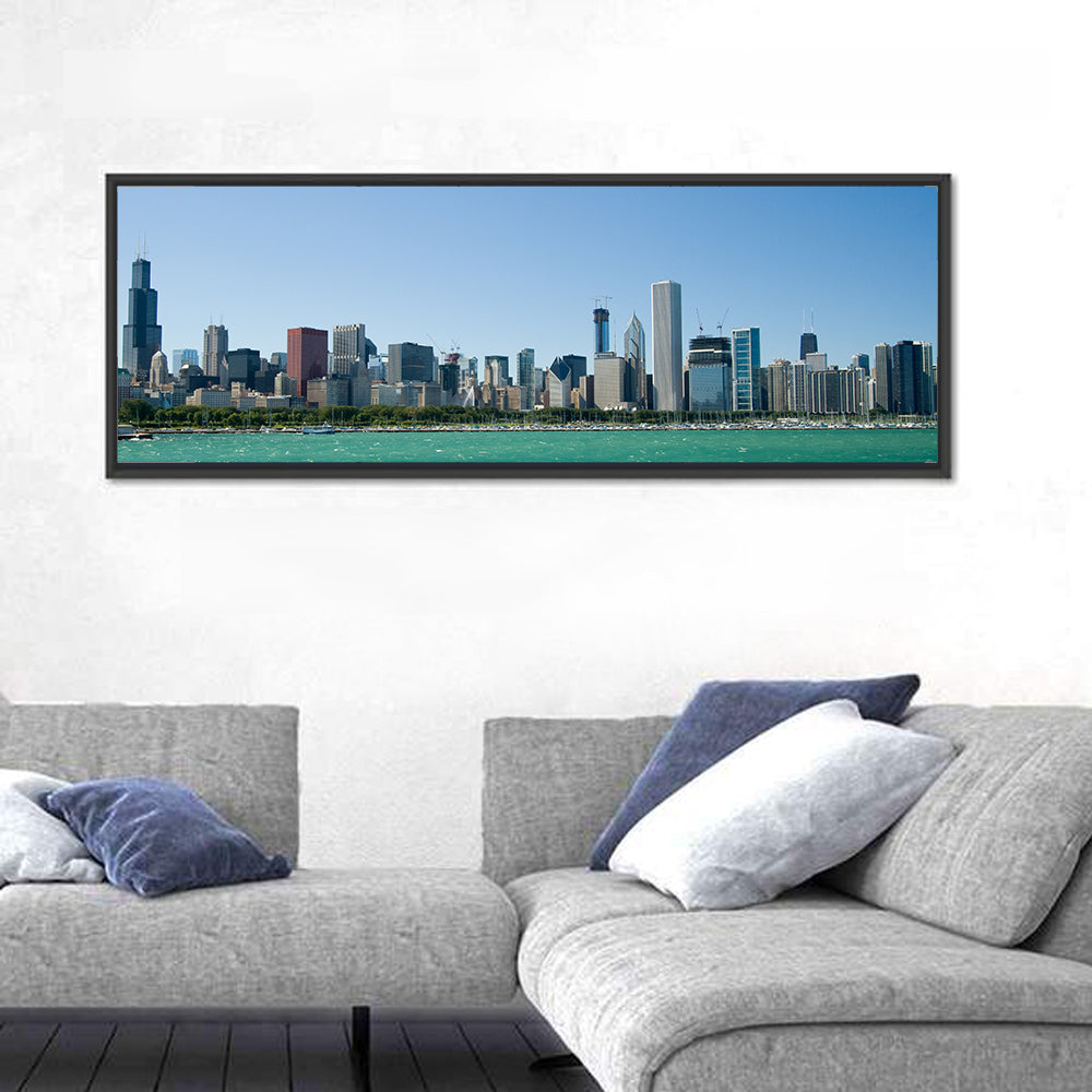 Chicago Skyline with Willis Tower Wall Art in a room, panoramic