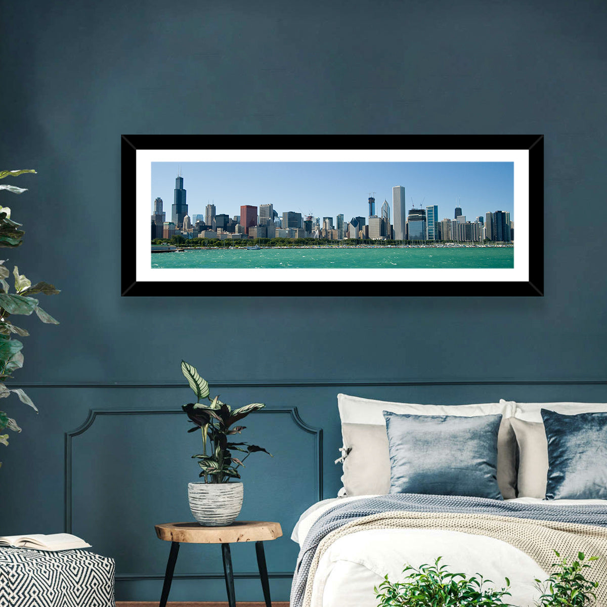 Chicago Skyline with Willis Tower Wall Art in a room, panoramic