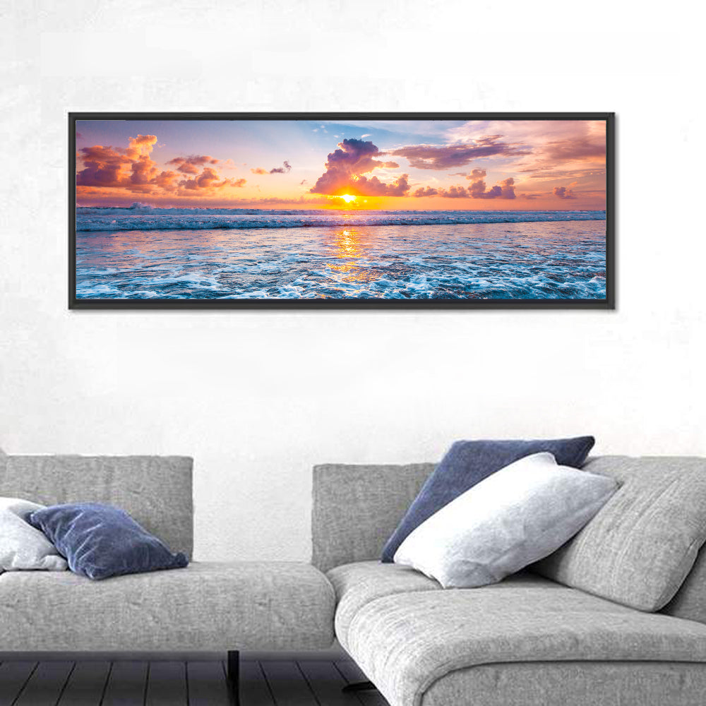 Sunburst Ocean Wave Wall Art in a room, panoramic