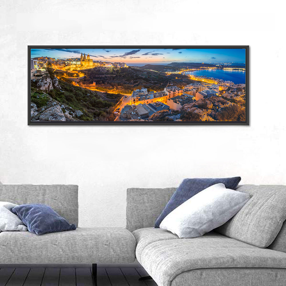 Mellieha Bay at Dusk Wall Art in a room, panoramic