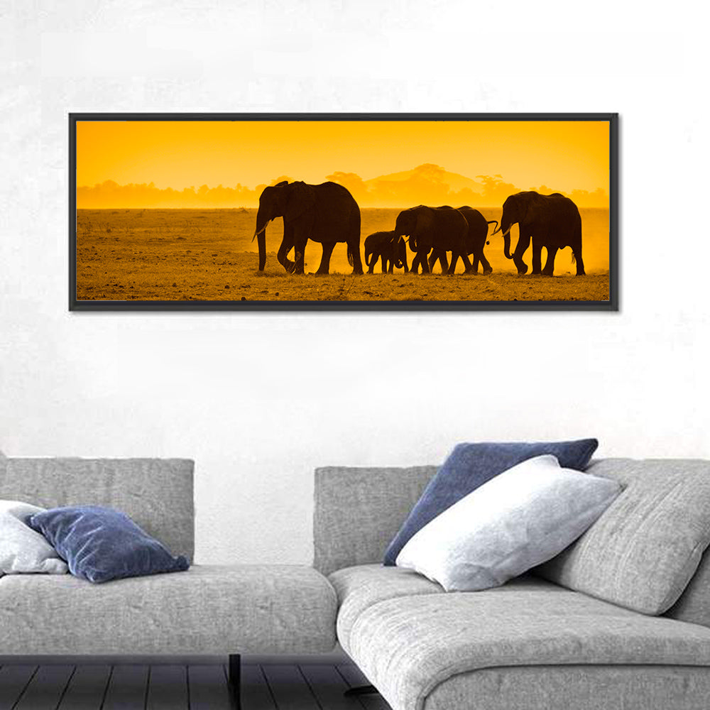 Elephant Family Silhouette Wall Art in a room, panoramic