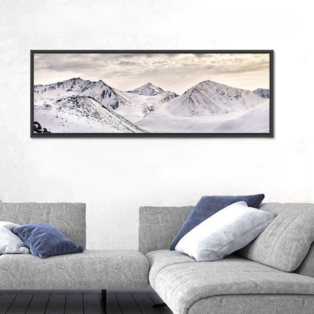 Zaili Alatay Snow Peaks Wall Art in a room, panoramic