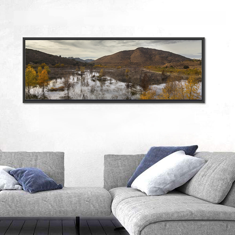 Lake Hodges Autumn Reflection Wall Art in a room, panoramic