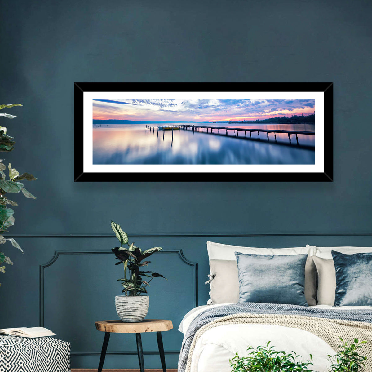 Cloudy Lake Pier at Dusk Wall Art