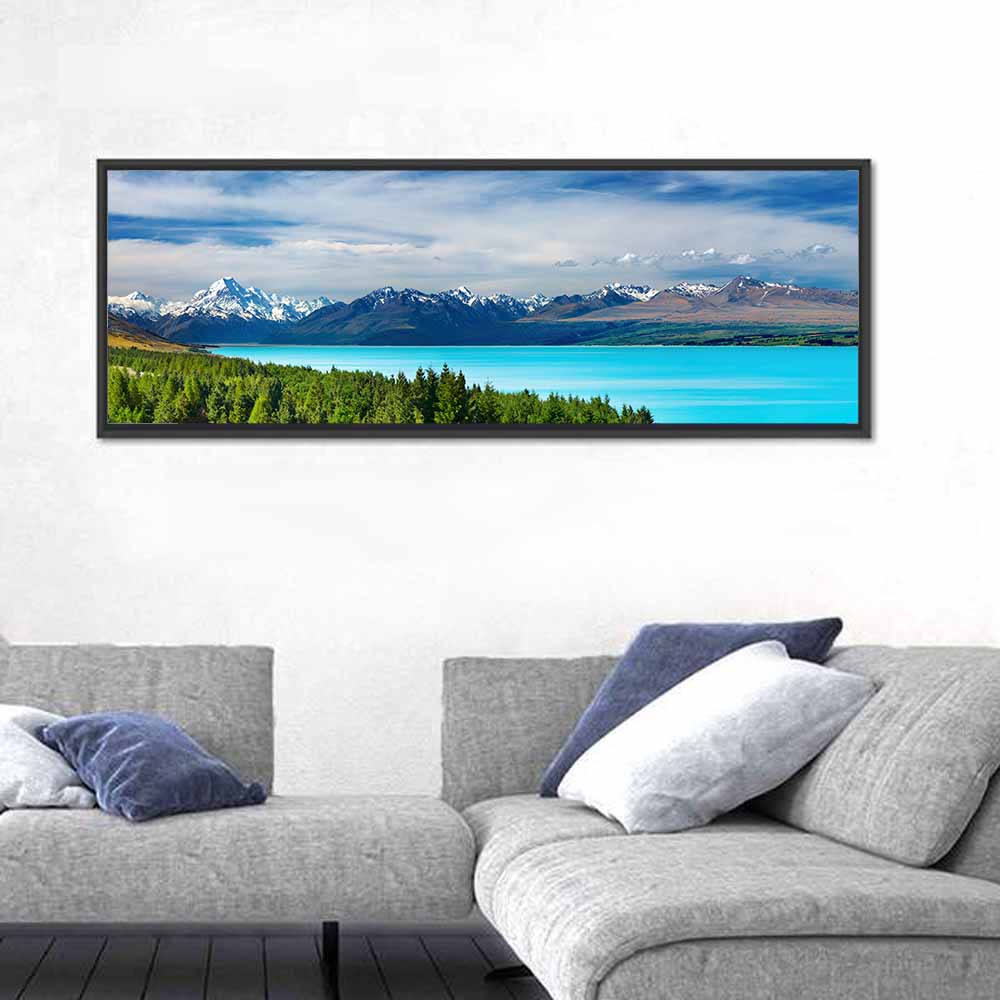 Mount Cook Over Lake Pukaki Wall Art in a room, panoramic
