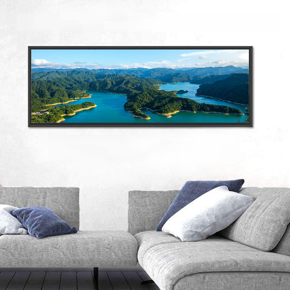 Emerald Qiandao Lake Wall Art in a room, panoramic