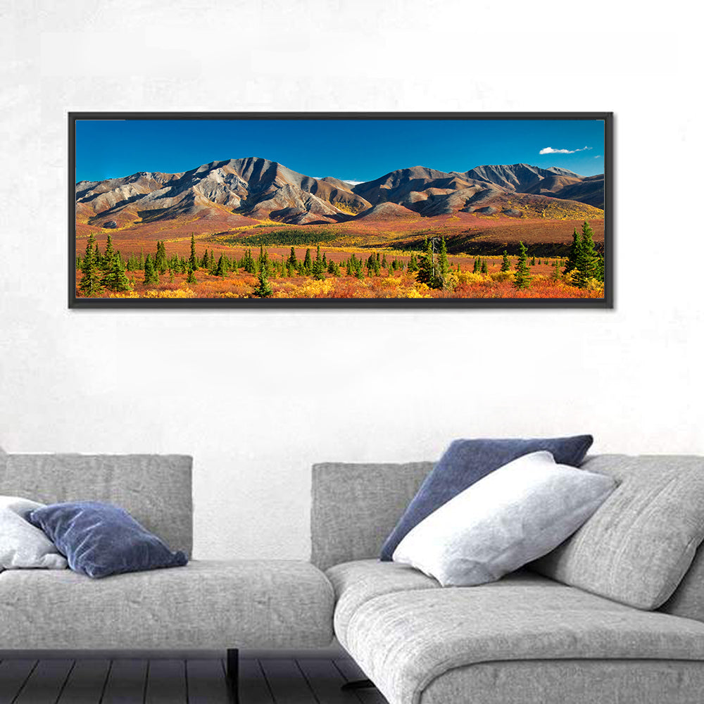 Denali Autumn Peaks Wall Art in a room, panoramic