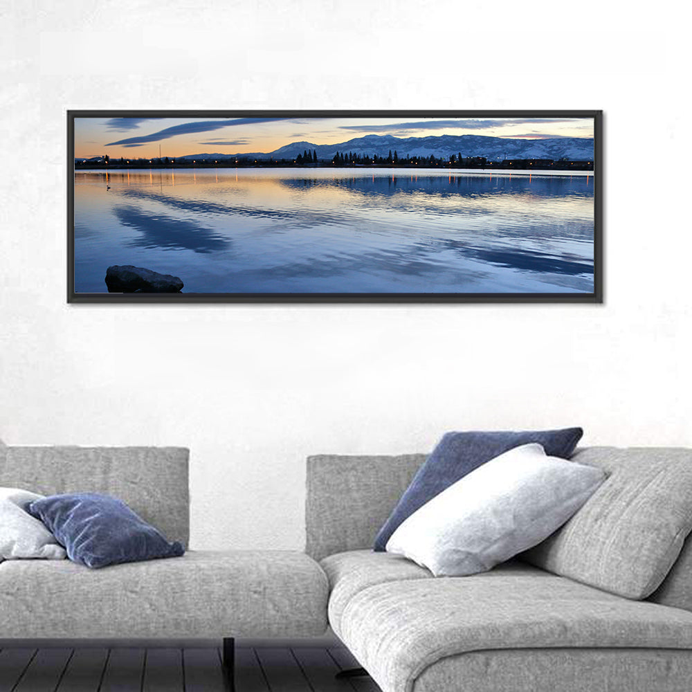 Sparks Marina Twilight Reflection Wall Art in a room, panoramic