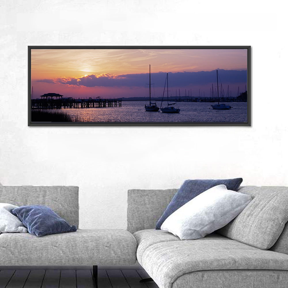 South Carolina Coastal Harbor Wall Art in a room, panoramic