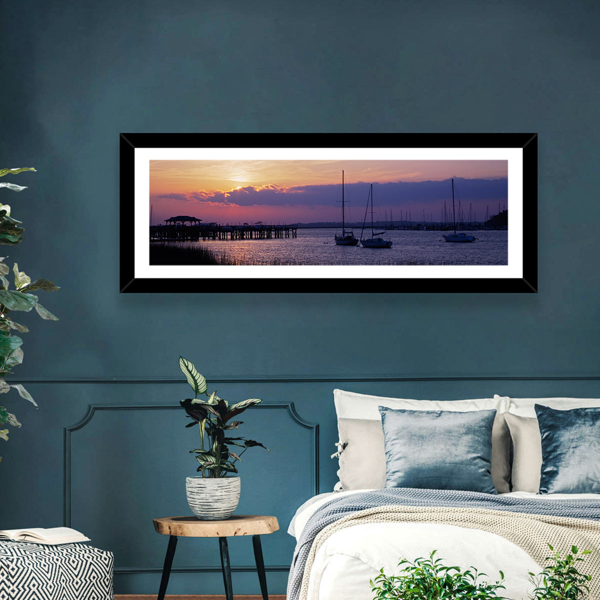 South Carolina Coastal Harbor Wall Art in a room, panoramic